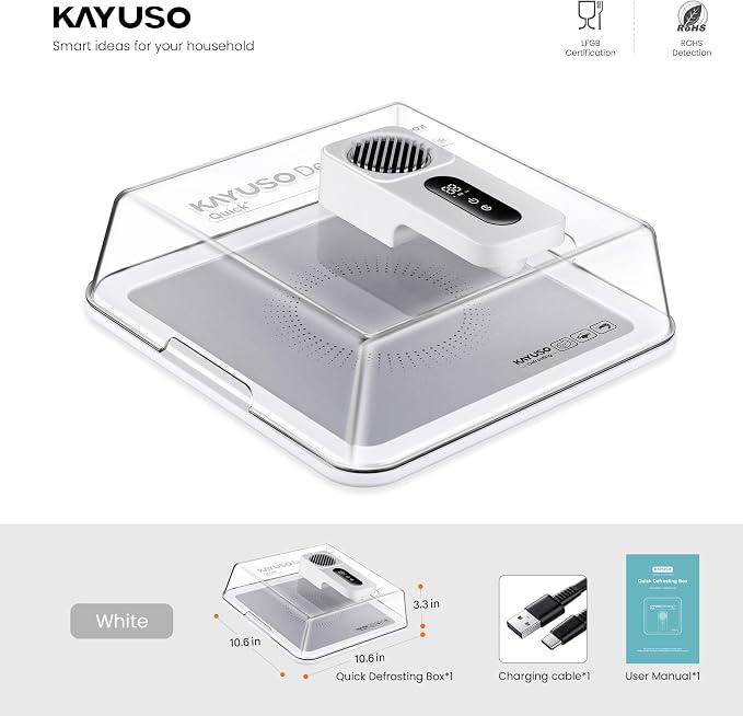 Defrosting Tray for Frozen Meat, USB Rechargeable Meat Defrosting Box with Lid, Aluminum Timable Defrosting Tray BBQ, Airflow Technology, Non Stick Easy to Clean (White)