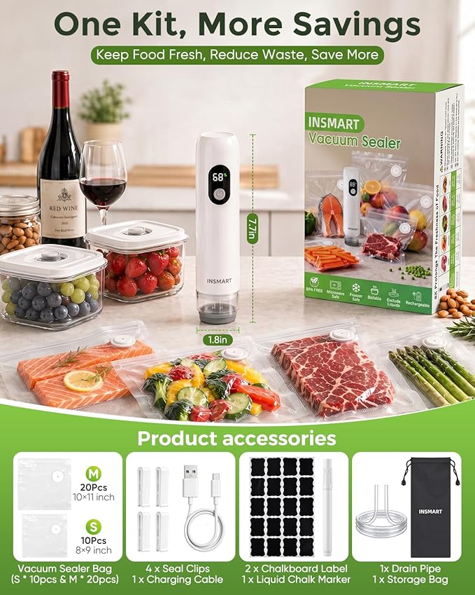 Compact Vacuum Sealer for Food (Vacuum Sealer Machine + 30 Reusable Vacuum Bags) Powerful Handheld Vacuum Sealer Machine, Seal Meal Saver, Portable Food Sealer