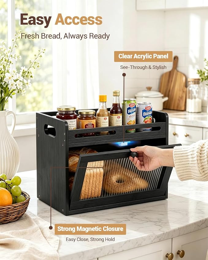Bread Box for Kitchen Countertop, Bamboo Bread Storage Container with Raised-Rail Top Shelf and Acrylic Window, Farmhouse Breadbox Organizer for Pantry, Fruit, Spices, Black