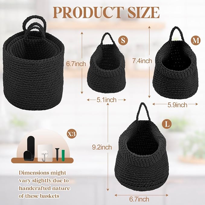 Honeydak Boho Decor Hanging Wall Baskets for Kitchen 3 Pack Teardrop Baskets with Hooks Storage Fruit Onion Vegetable Potato for Home 3 Sizes(Black,Barrel,Cotton Rope)