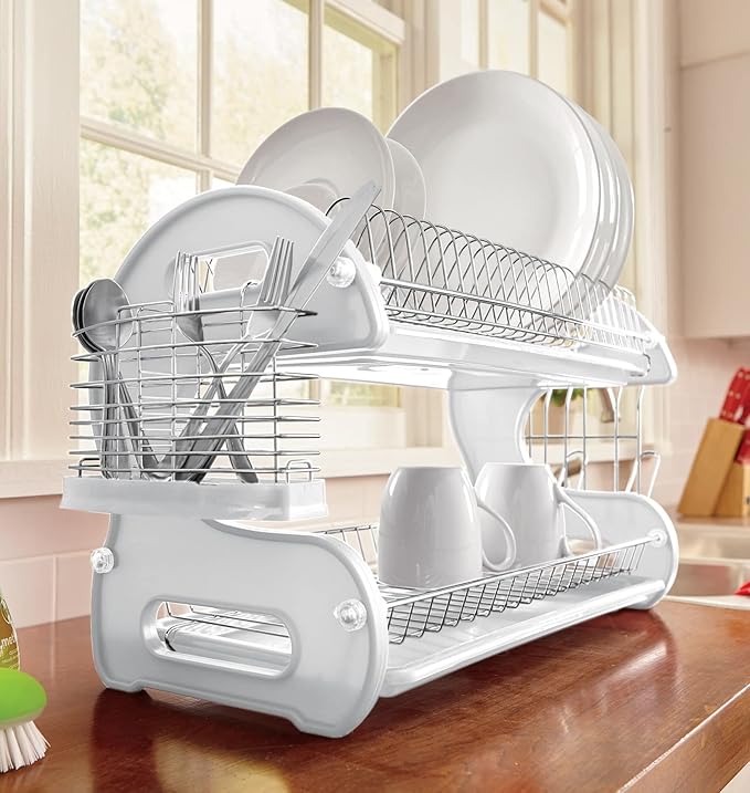 Montgomery Ward Retro 2-Tier Dish Rack, Space-Saving Design, Durable Plastic and Chrome-Plated Wire, Easy Assembly (White)