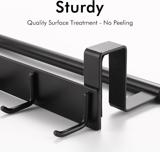 KES Over The Cabinet Door Towel Bar with Hooks, Kitchen Towel Holder with Hooks for Hanging Utensils, Over The Cabinet Door Organizer with Hook 2 Pack, Matte Black, Metal, KUR527-BK-P2
