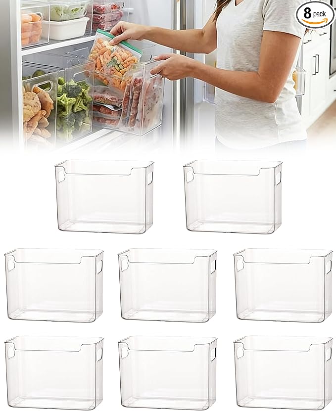 Crystal Clear Freezer Storage Bins - 8 Pack Clear Plastic Bins for Refrigerator and Pantry, Stackable Kitchen Cabinet Organizer with Handles for Frozen Food, Meat & Veggies (8PCS L)