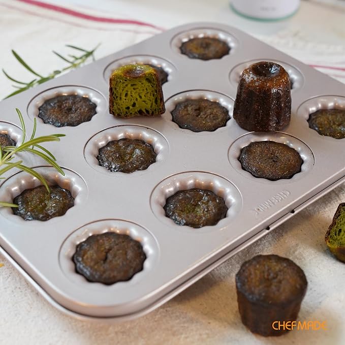 CHEFMADE Mini Canele Mold Cake Pan, 12-Cavity Non-Stick Mini Canele Muffin Bakeware Cupcake Pan for Oven Baking (Champagne Gold)