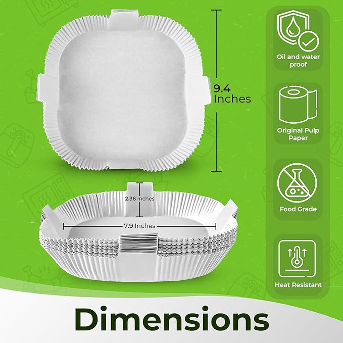Air Fryer Disposable Paper Liners - 100 pcs of White 7.9In Parchment Cooking Paper Liner - Fit Large Square Fryers Basket - Heat-resistant, Oil-proof, Water-proof, Non-Stick