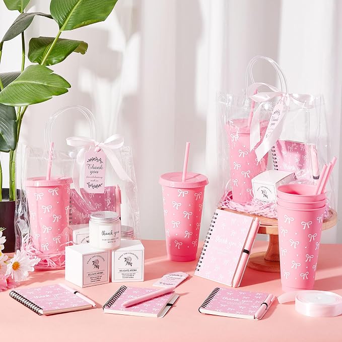 Nuogo 12 Sets New Parent Shower Prizes for Player Winners Adult, Wedding Bridal Shower Gift, Plastic Tumbler Notebook Scented Candle Ballpoint Pen Bag (Pink Color,Bow Style)