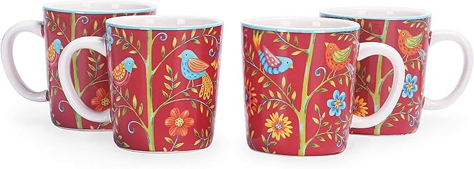 Bico Red Spring Birds Ceramic Coffee Mugs Set of 4, 18 oz Large Tea Cups with Handle, Aesthetic Latte Mugs for Cappuccino Cocoa, Lead-Free, Dishwasher and Microwave Safe, Housewarming Gift