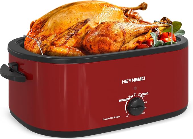 26 Quart Electric Roaster Oven with Visible & Self-Basting Lid, Large Turkey Roaster with Defrost Warm Function, Adjustable Temperature, Removable Pan Rack, Stainless Steel, Red