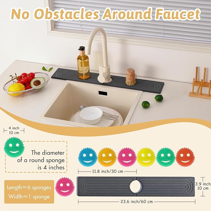 Faucet Mat for Kitchen Sink, 24'' Long Diatomite Sink Protector Splash Guard Draining Mat, Quick Drying Stone Sink Tray, Water Absorbent Soap Sponge Holder for Bathroom, Women Birthday Gift, Dark Gray