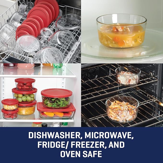 Anchor Hocking 12 Piece Glass Storage Containers with Lids (6 Glass Food Storage Containers & 6 Red SnugFit Lids)