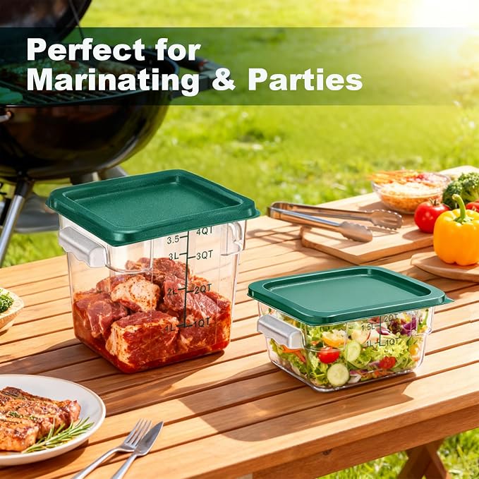 4 Pack 2QT & 4QT Food Storage Containers with Green Lids, Clear Square Restaurant Commercial Food Storage Containers with Handle and Scale, Marinating Container Dough Rising Bucket for Home & Dining