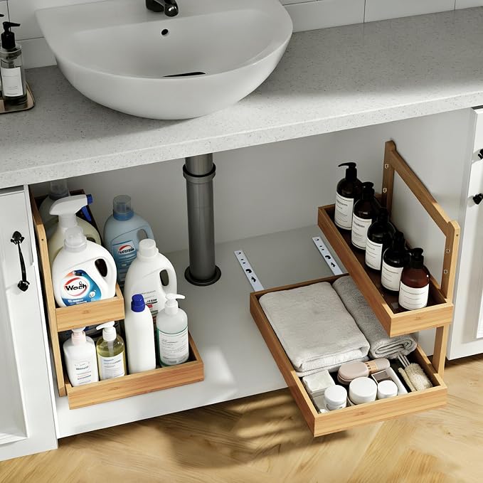 Bamboo Undersink Organizer Storage - 2-Tier Cabinet Shelf with Adjustable Levels, Under Sink Storage Slide Out for Cabinet Pantry Kitchen Bathroom (Natural, 2 Packs)