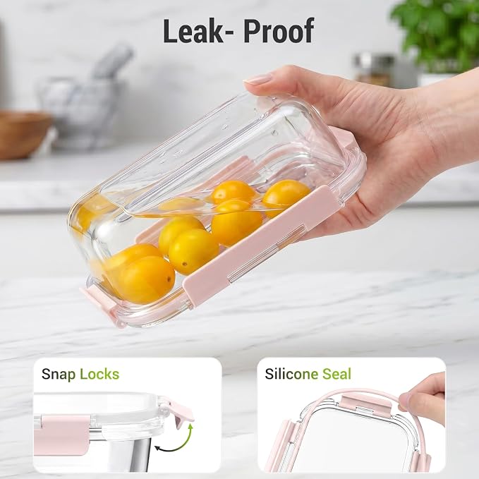 Dealusy 10 Sets (20-Piece) 36 oz & 12 oz Glass Food Storage Containers with lids, Airtight Leak-proof Glass Meal Prep Containers with Lids, Microwave Oven Freezer Dishwasher Safe, Pink
