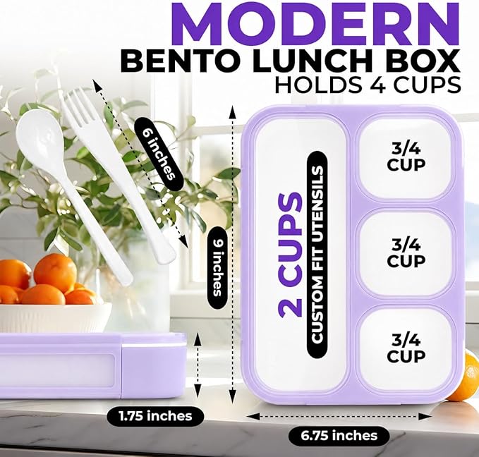 kinsho Bento Lunch Box for Kids Women Adults Girls School Work | Snack Containers for Toddlers Tweens | 4 Divided Sections for Portion Control includes Utensils BPA Free | Purple