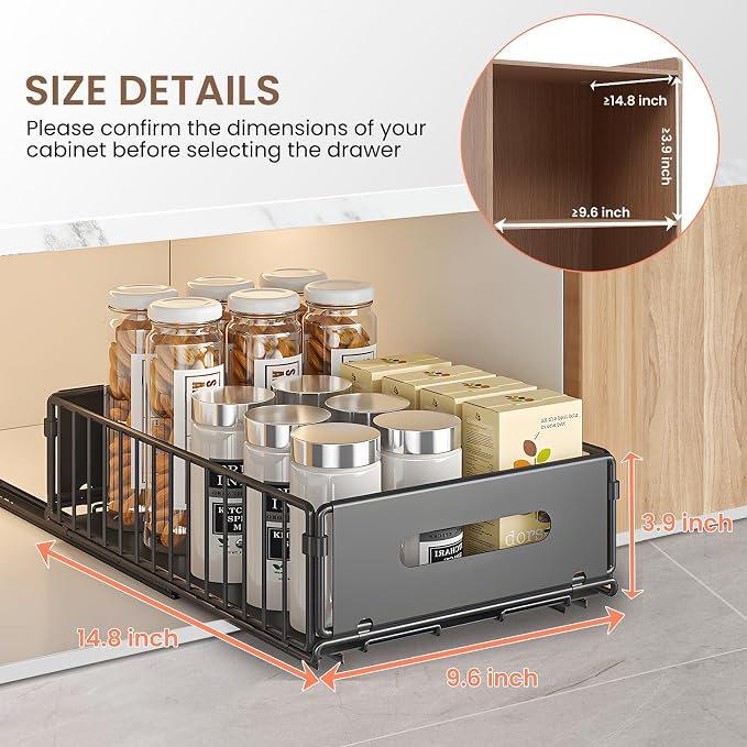 4 Pack Pull Out Cabinet Organizer, Heavy Duty Slide Out Drawer with No Drill Adhesive or Screw Mount, Carbon Steel Roll Out Shelf for Kitchen Cabinet, Pantry & Bathroom Storage