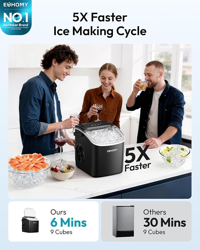 EUHOMY Countertop Ice Maker Machine with Handle, 26.5lbs Per Day, 9 Ice Cubes Ready in 6 Mins, Auto-Cleaning Portable Ice Maker with Basket and Scoop, for Home/Kitchen/Camping/RV (Black)
