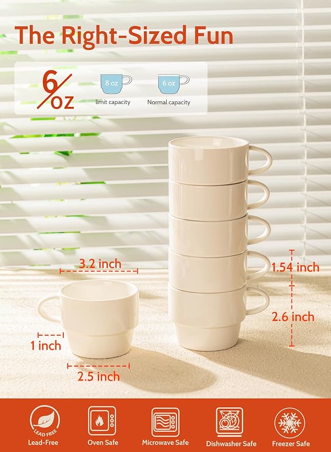 Sweese Porcelain Espresso Cups Set of 6, White Ceramic Espresso Coffee Cups with Handle, 6oz Durable Espresso Coffee Mugs for Home & Cafe