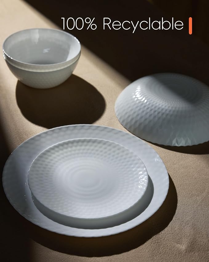 LaGlint Dinnerware Sets for 4, Light & Durable 12 Pieces Opal Glass Plates and Bowls Set, Dishwasher and Microwave Safe Dish Dinning Ware, Thin but Strong Geometric Faceted White