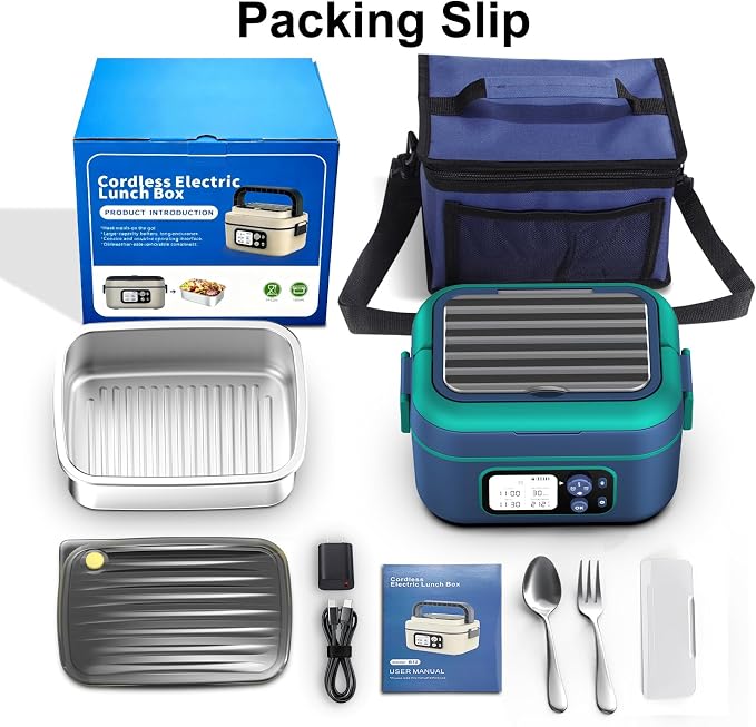 Cordless Electric Heated Lunch Box for Adults, XL 6.3-Cups Rechargeable Battery Powered Smart Self Heating Lunchbox for Men Women, 100W Food Warmer for Trucks Driver Travel Office Worker