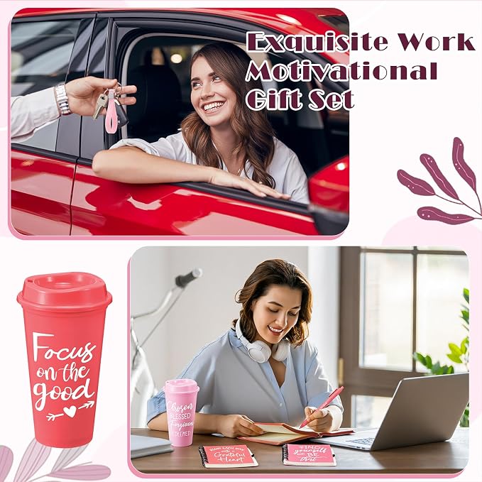 Skylety 12 Sets/48 Pcs Employee Appreciation Gifts 16oz Inspirational Plastic Cups Spiral Notebooks Ballpoint Pens Keychains Bulk Thank You Cup for Employee Coworker (Gradient Pink)