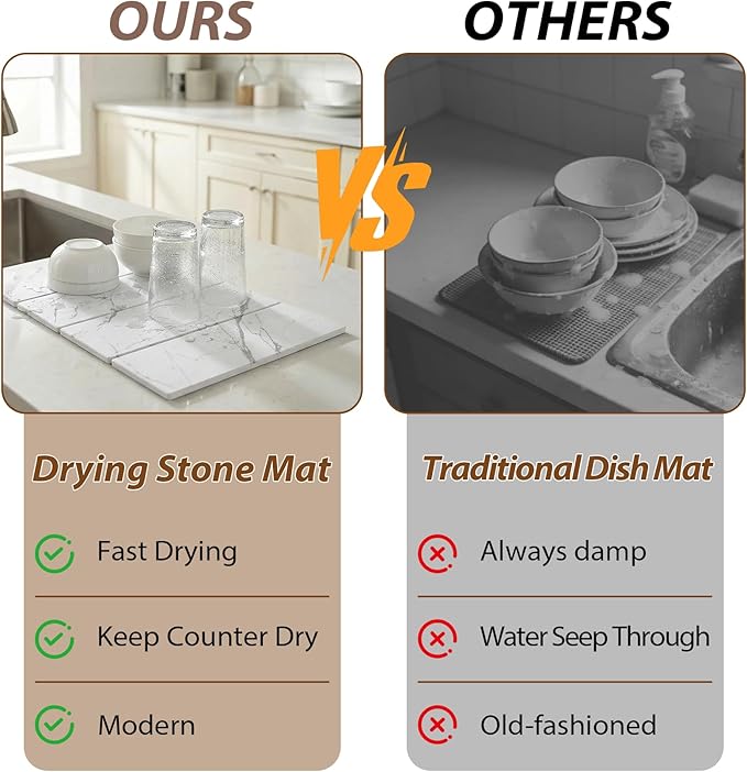 Large Stone Dish Drying Mat for Kitchen Counter,24"(L)×16"(W),Quick Dry Super Absorbent Drying Matt Kitchen Counter,Collapsible Diatomaceous Earth Dish Mats,for Dishes Bottles Cups,Any Countertop