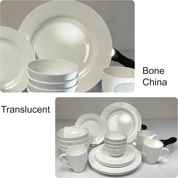 Bone China 20 Piece Dinnerware Set, Service for 4, White, Microwave Safe, Dishwasher Safe,Chip Resistant, Translucent, Elegant giftware, Dish set, For, Essential Home, Everyday Living, Kitchen Set