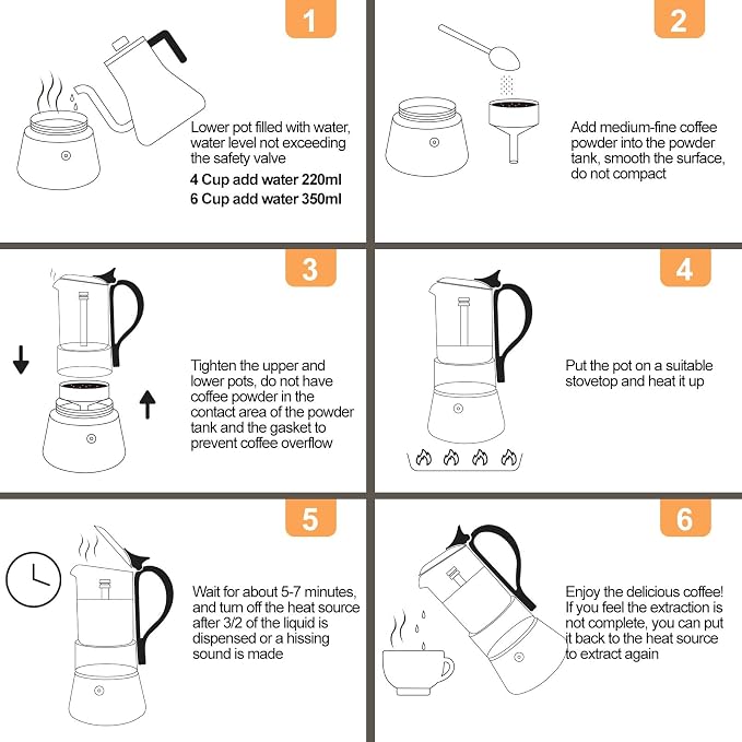 Clear Glass Moka Pot 6 Cup 350ml Stainless Steel Coffee Maker Uncoated Stovetop Espresso Coffeemaker Italian Classic Style Brewing Greca Cafe Mocha Machine for Cafeteras Camping Travel Home