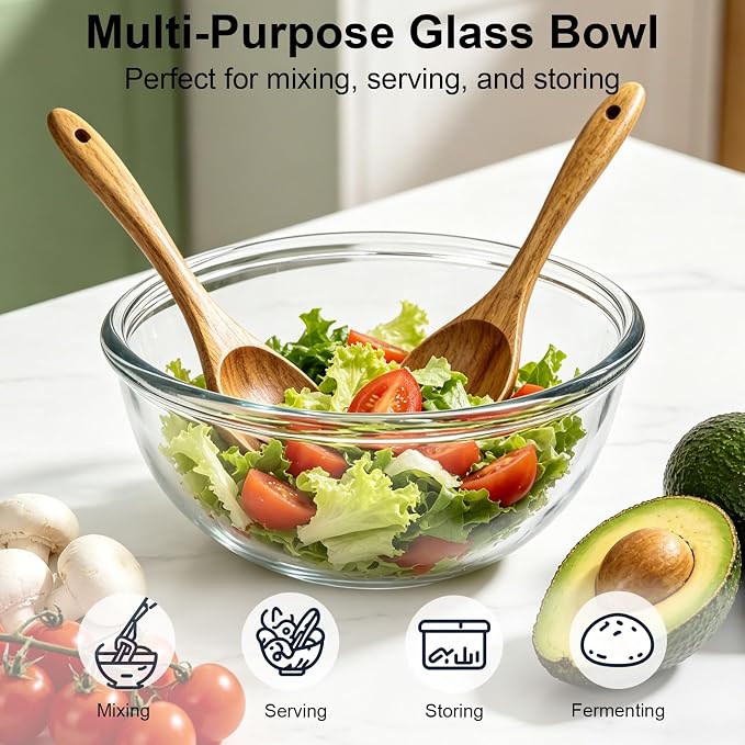 6.3 Quart Large Glass Mixing Bowl for Sourdough Bread,11.5 Inch Diameter Large Capacity Clear Glass Mixing Bowl with Covers&Serving Utensils for Sourdough,Salad,Cooking Prepping and Food Storage