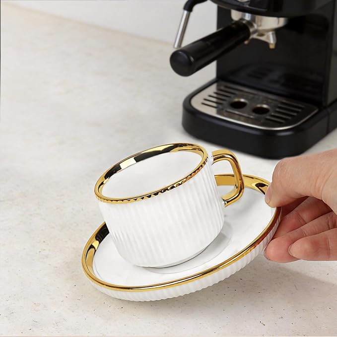 ALIMOTA 3oz White Gold Ceramic Coffee Mug Set of 6, Latte Mugs with Saucers, White Latte Cups and Espresso Mug for Specialty Coffee Drinks, Latte, Cafe Mocha, Tea