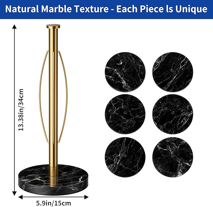YIGII Heavy Marble Base Paper Towel Holder Countertop - Standing Paper Towel Roll Holder with Black Weighted Base, Gold Papertowel Holder for Kitchen
