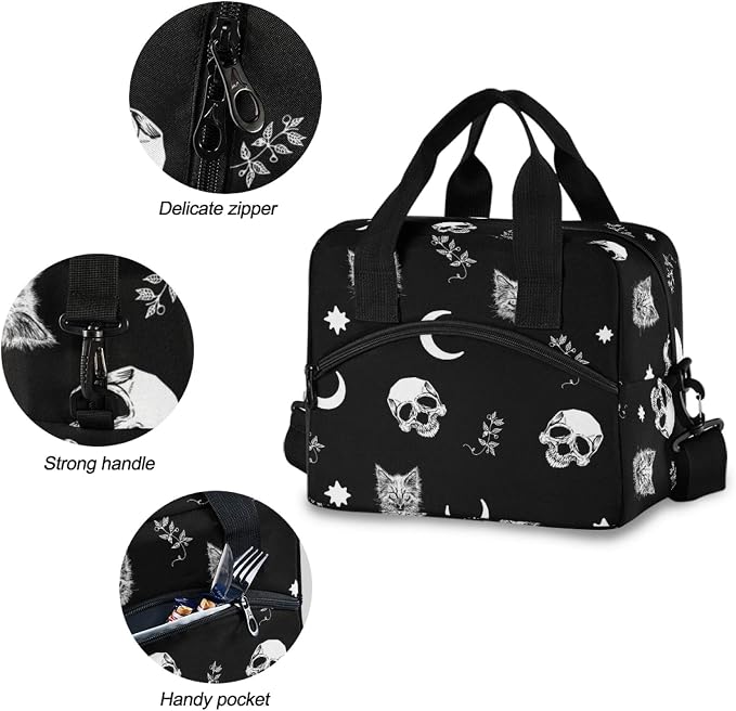 Skull Cat Moon Gothic Insulated Lunch Bag Reusable Lunch Tote Bag Cooler Bag for Women Men Adult Lunch Box with Adjustable Shoulder Strap Leakproof Lunch Bag for Work School Picnic Camping