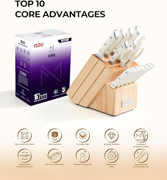Knife Set, 15 Pcs German High Carbon Stainless Steel Kitchen Knife Set, Knife Sets with Block and Sharpener,Enduring Razor-Sharp FSC Wooden Knives Block Set for Kitchen，Nature