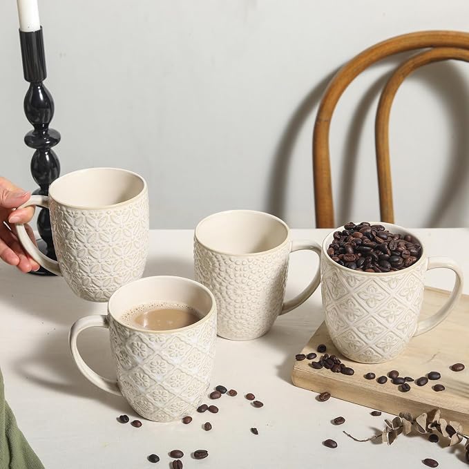 16OZ Ceramic Embossed Coffee Mugs Set, Large White Coffee Cups with Handles, Porcelain Mug Sets with Patterns for Milk, Tea, Latte, Cocoa, Mocha, Cappuccino, Dishwasher Safe, Cups Set Gift (4PCS)