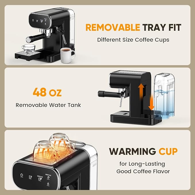Horavie 20 Bar Espresso Machine with Milk Frother, Espresso Coffee Maker with Touchscreen, Fast Heat-Up Coffee Machine with 48oz Removable Tank for Cappuccino, Latte, Home, Office, Black