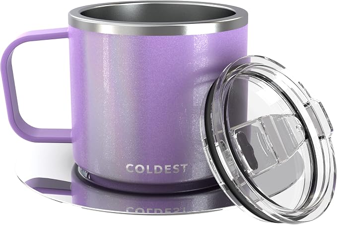 Stackable Insulated Espresso Cup with Saucer by Coldest - Insulated Triple Wall Travel Stainless Steel Travel Double Shot Espresso Coffee Mug with Sliding Lid (4 oz, Saturn's Moon Purple)