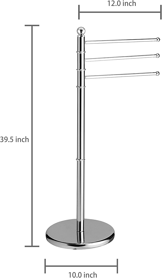 MyGift 40-Inch Silver Metal Freestanding Towel Rack for Bathroom with 3 Swivel Arms