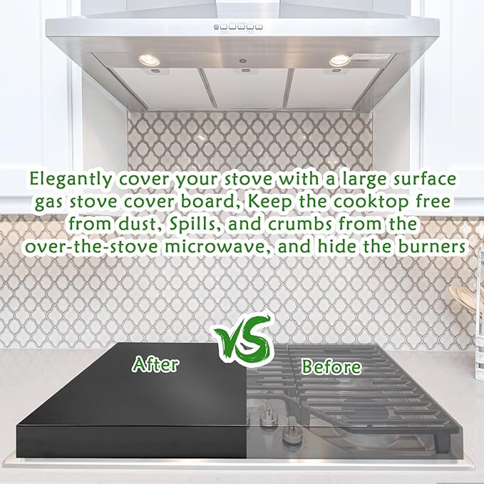 Gas Stove Cover Board, Resistance to Heat Range Covers for Gas Stove, Large Black Stove Top Covers (L30’’ x W22'' xH2.75'') with Anti-slip Silicone Feet, Anti-collision Corner Guards