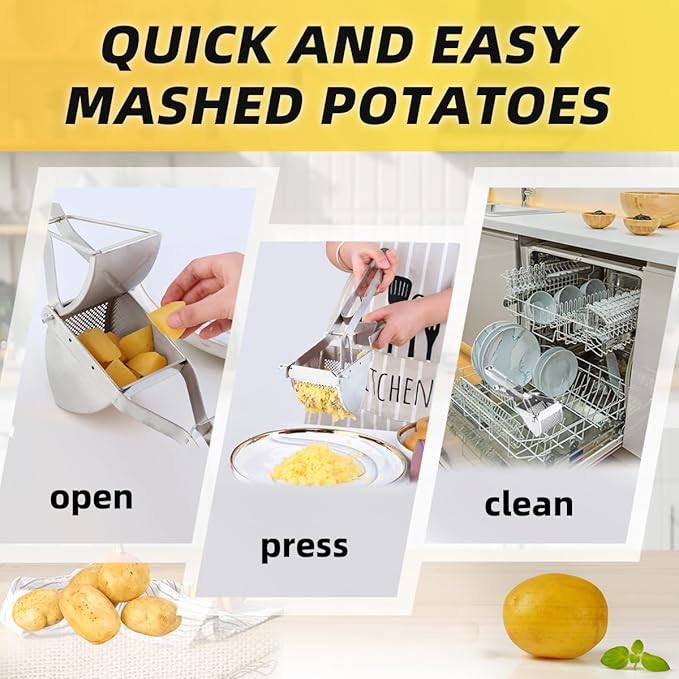 QRU Large Potato Ricer, Heavy Duty Stainless Steel Potato Masher for Commercial and Home Use, Fruit Press Baby Food Masher (Silver)