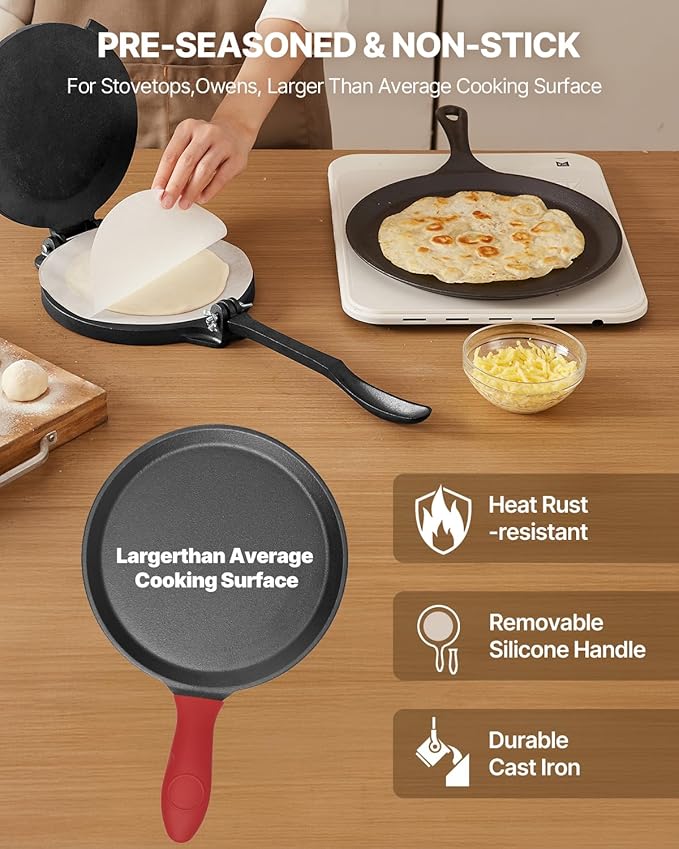 VEVOR Tortilla Press, 8 Inch Cast Iron Tortilla and Roti Maker, Heavy Duty Tortilladora Press, Pataconera Makers with Handle and 100 Pcs Parchment Paper, Dough Taco Press for Flour Tortilla, Tawa