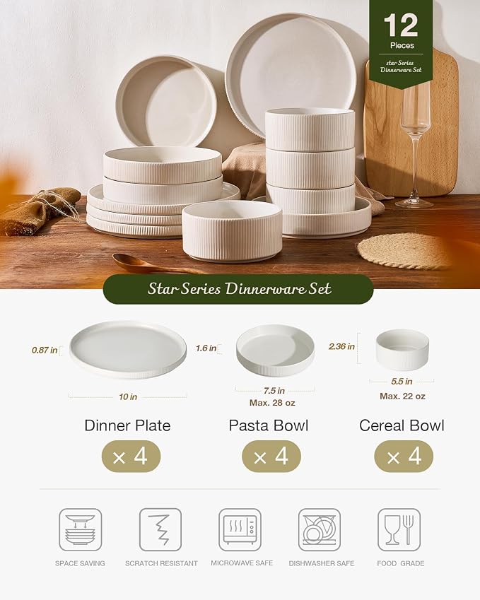 Famiware Star 12-Piece Stoneware Dinnerware Sets for 4 - Dinner Plates, Pasta Bowls, Cereal Bowls, Dishes for Everyday & Formal Use, Chip & Scratch Resistant, Microwave & Dishwasher Safe, Matte White