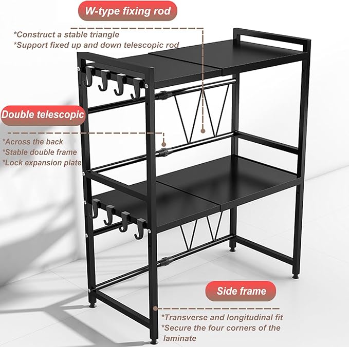 Expandable Microwave Stand Countertop, Heavy Duty Over Microwave Shelf Countertop, 2 Tier Carbon Steel Microwave Oven Rack Shelf for Kitchen with 4 Hooks,Holds 132lb,Height Adjustable,Black