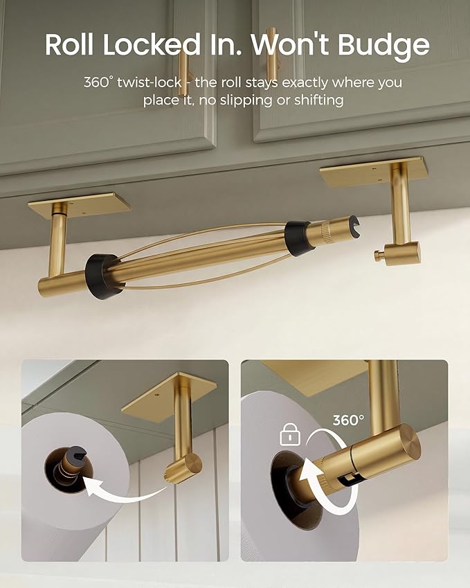 Gold Paper Towel Holder Under Cabinet, Self Adhesive or Wall Mount Hanging Paper Towel Holder with Damping Effect, Single Hand Operable, Stainless Steel for Kitchen Bathroom