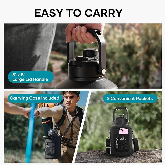 BUZIO One Gallon Water Bottle Insulated, (Cold for 48 Hrs) 128oz Water Jug Large Stainless Steel, 3.58in Big Wide Mouth Leak Proof Metal Flask with Carrying Sleeve for Camping,Gym, Travel, Black Gray