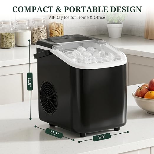 Ice Maker Countertop, Portable Ice Machine with Handle, Basket & Scoop, 26Lbs/24Hrs, 9 Bullet Ice Cubes Ready in 6–8 Mins, 2 Ice Sizes, Self-Cleaning, Quiet Compact for Home Kitchen Office RV Camping