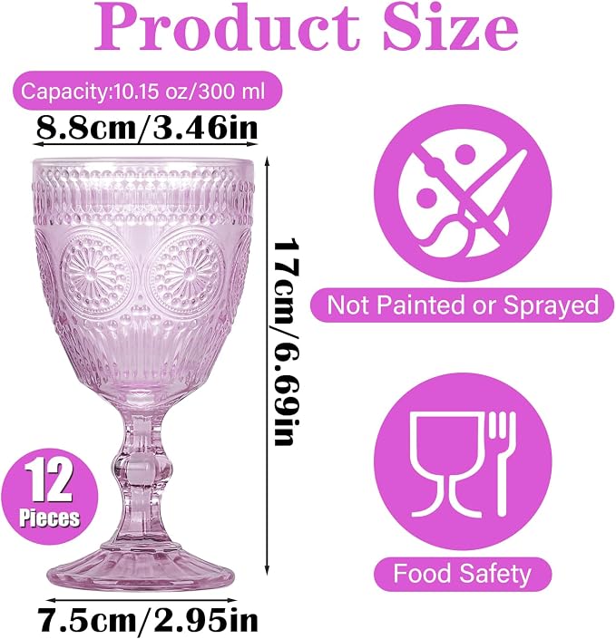 Pack of 12 Glass Goblets Wine Glassware, 10 oz, Purple | Wine Glasses, Not Dishwasher Safe,Wedding Glass Set, Embossed Drinking Glasses Cups for Thanksgiving Wedding Party Bar