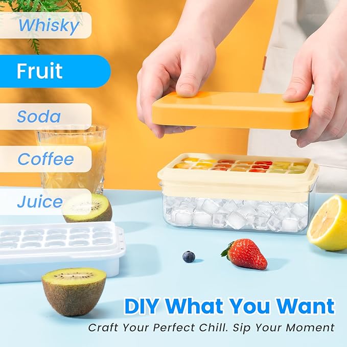 PHINOX Ice Cube Tray with Lid and Bin, Ice Trays for Freezer, Flexible Ice Cube Trays, Making 56 pcs Ice Cubes, Chilling Cocktail, Whiskey, Coffee, with 2 trays, Ice Container, Scoop&Cover, BPA Free