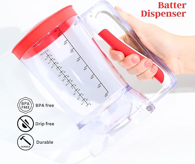 Pancake Batter Dispenser - Kid Friendly & Mess Free Cupcake Batter Dispenser with Squeeze Handle for Precise Portion Control, Also Perfect for Waffles, Crepes, Cakes (4 Cup Capacity)