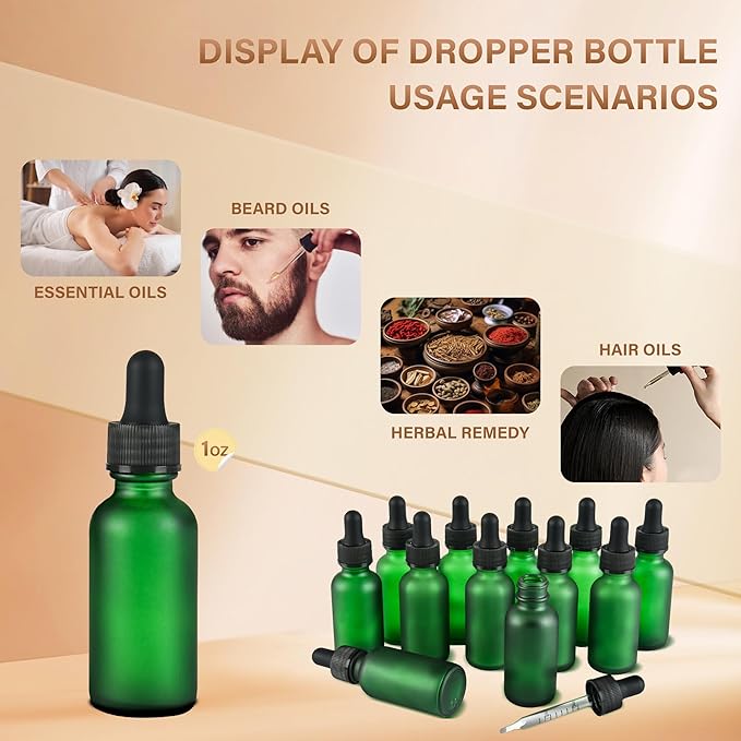 NOOEEISS 12 Pcs, 1oz Dropper Bottle, Green Glass Eye Dropper Bottle, Tincture Bottles with Dropper, Pretty Finish, Leak-Proof Design, Stronger Suction for All Kinds of Mixed Liquids