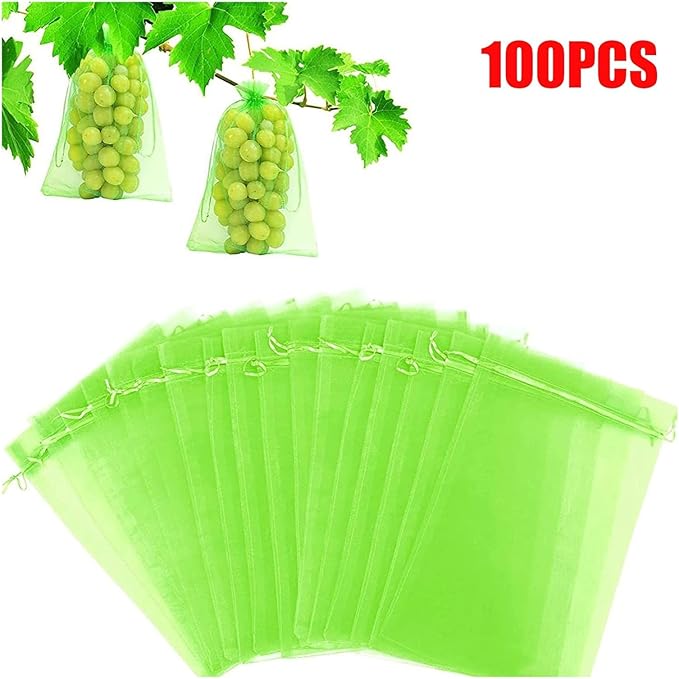 100PCS Fruit Protection Bag Green Mesh Netting Bag with Drawstring(White,13x18cm)