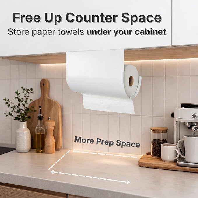 Under Cabinet Paper Towel Holder - No Drill Shelf Mount, Easy Tearing Design, Space-Saving, Magnet-Ready Steel Surface, Fits Standard US Rolls up to 11" (White)